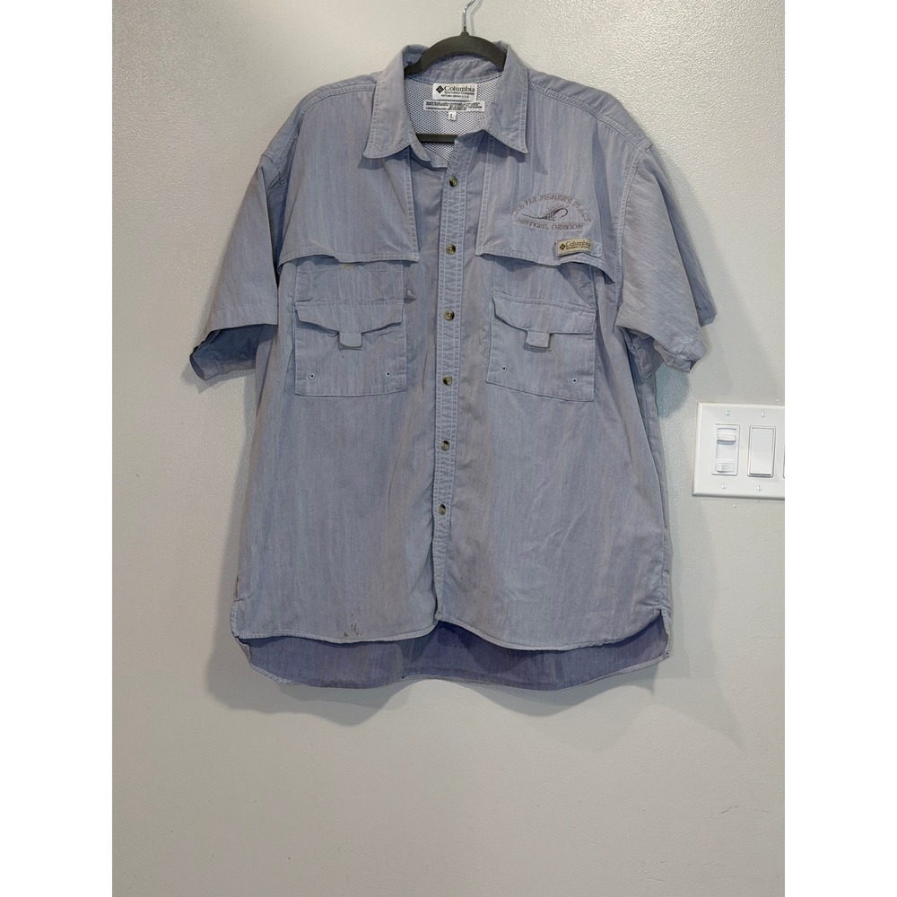 Columbia PFG Mens Large Blue Short Sleeve Fishing Shirt Fly Fishers Place Oregon